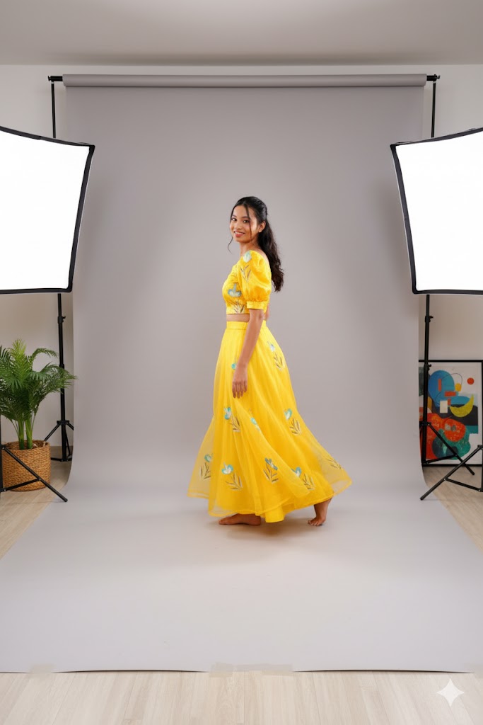 Bright Yellow Floral Lehenga Set For Women & Girls