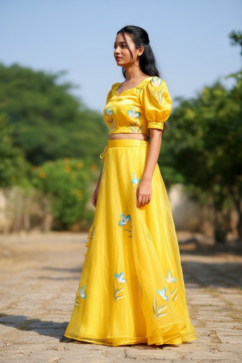 Bright Yellow Floral Lehenga Set For Women & Girls