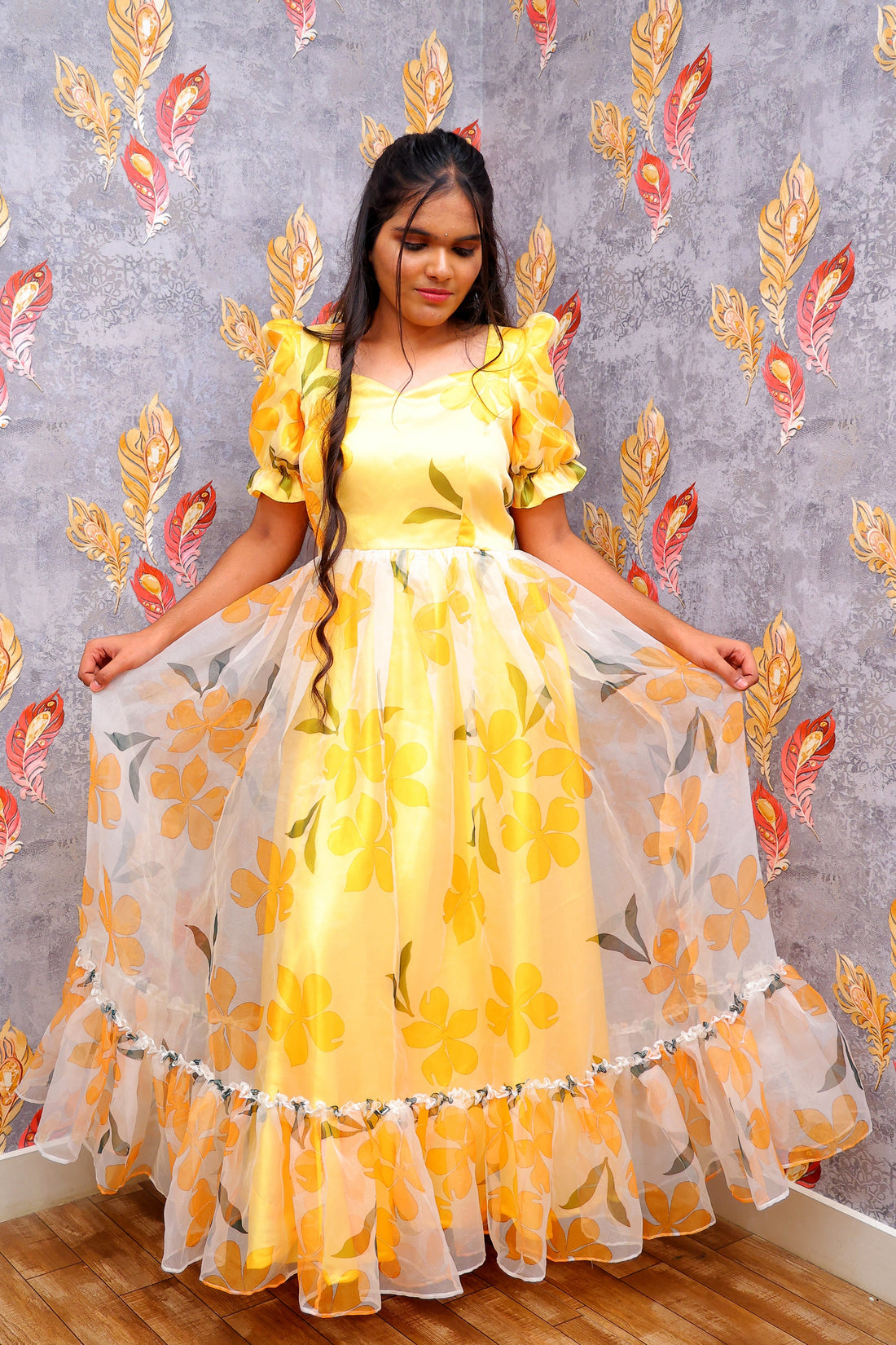 Yellow Maxi Gown With A Floral Design For Women & Girls - Aira Fabrics Designer Studio