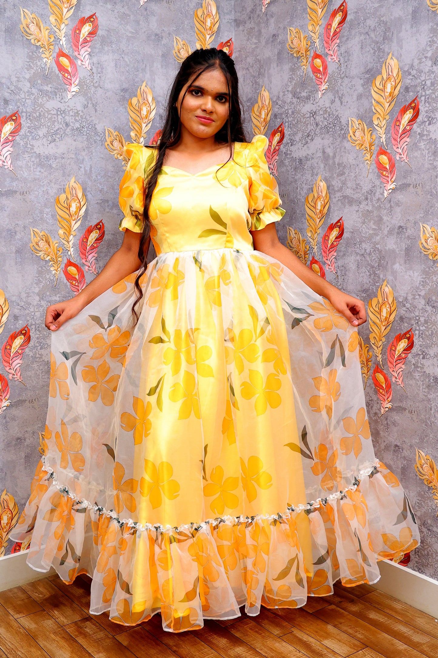 Yellow Maxi Gown With A Floral Design For Women & Girls