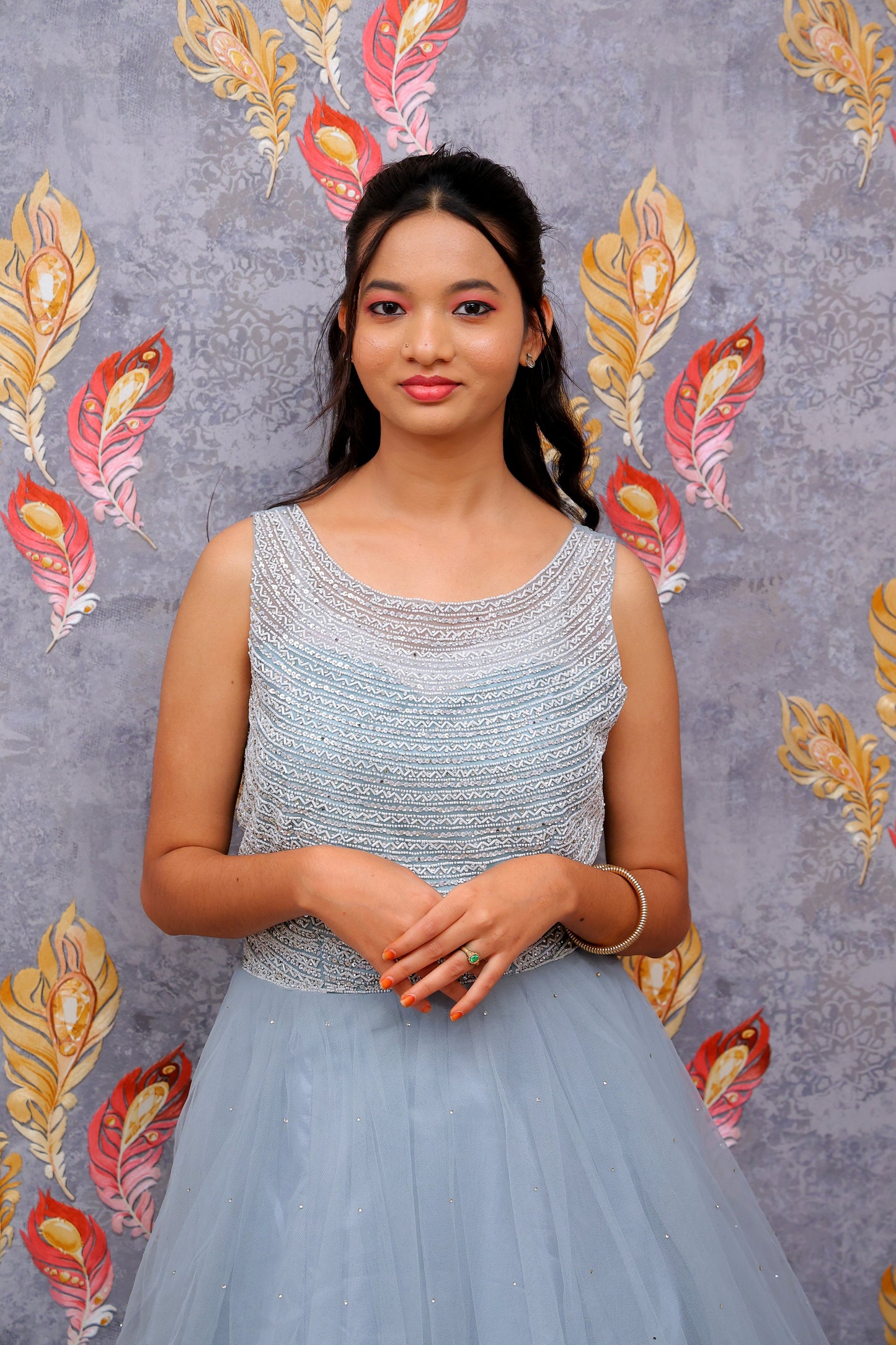 Blue Silver Beaded Bodice With Tulle Gown For Women & Girls