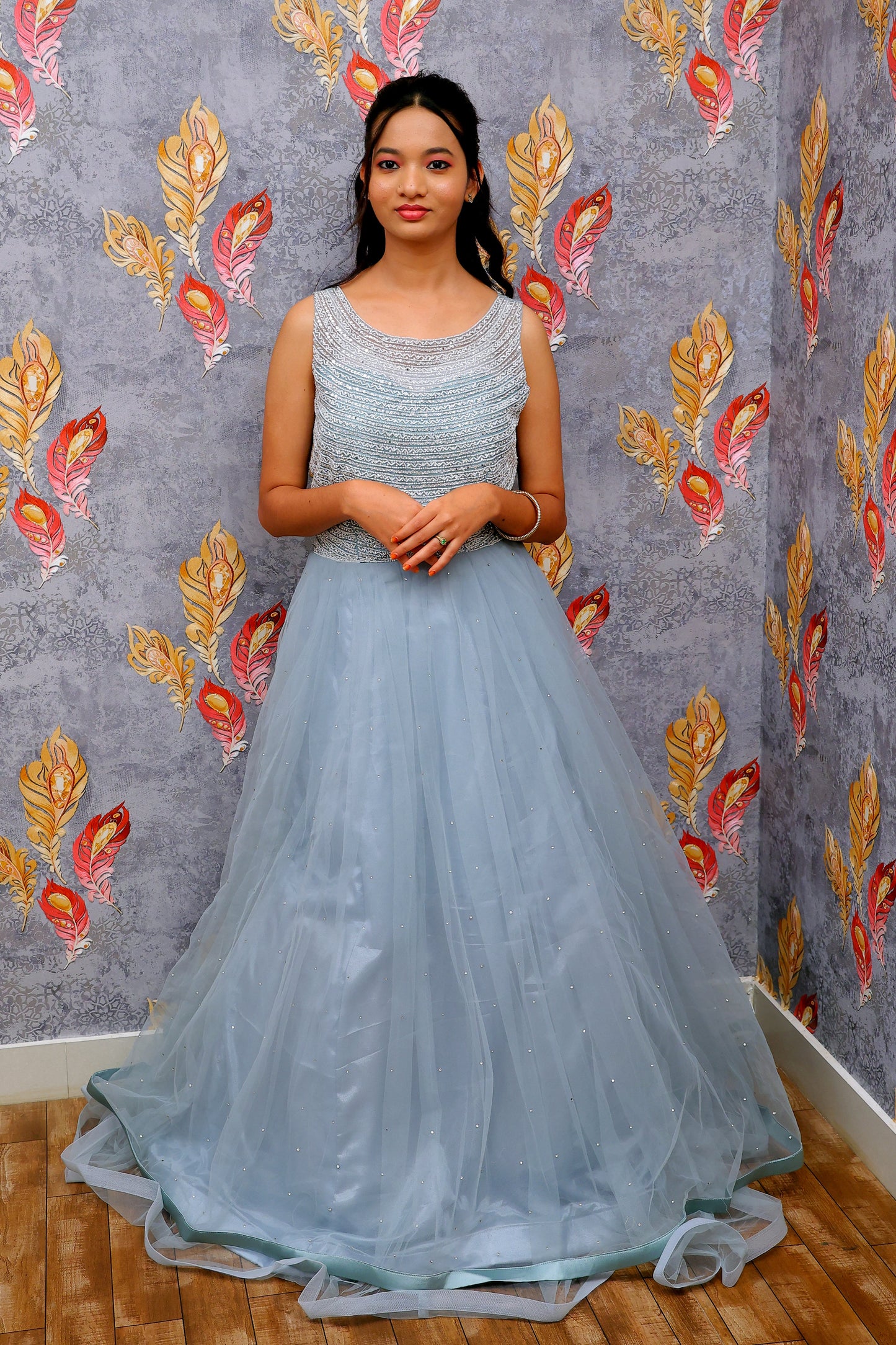 Blue Silver Beaded Bodice With Tulle Gown For Women & Girls