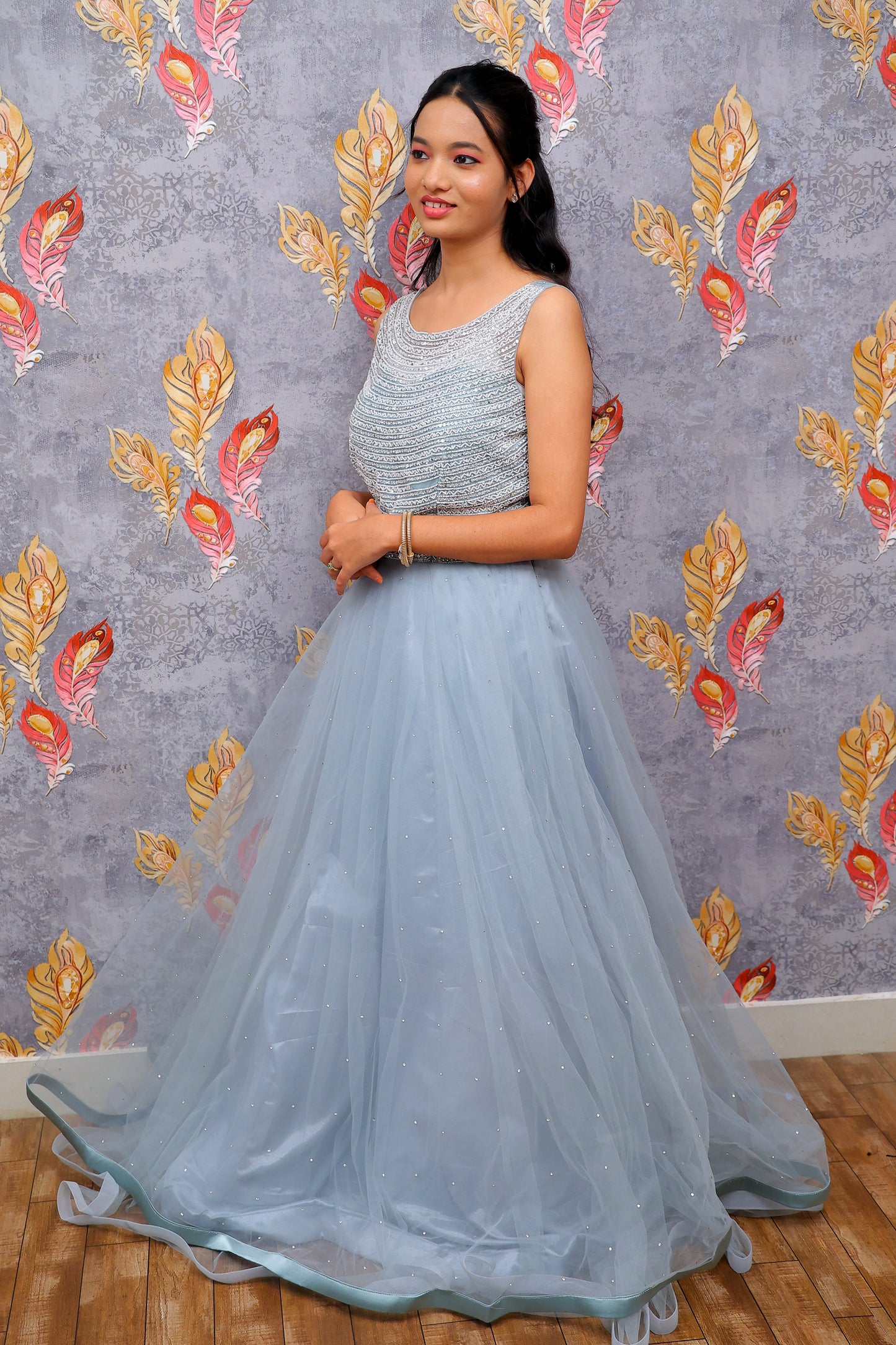 Blue Silver Beaded Bodice With Tulle Gown For Women & Girls