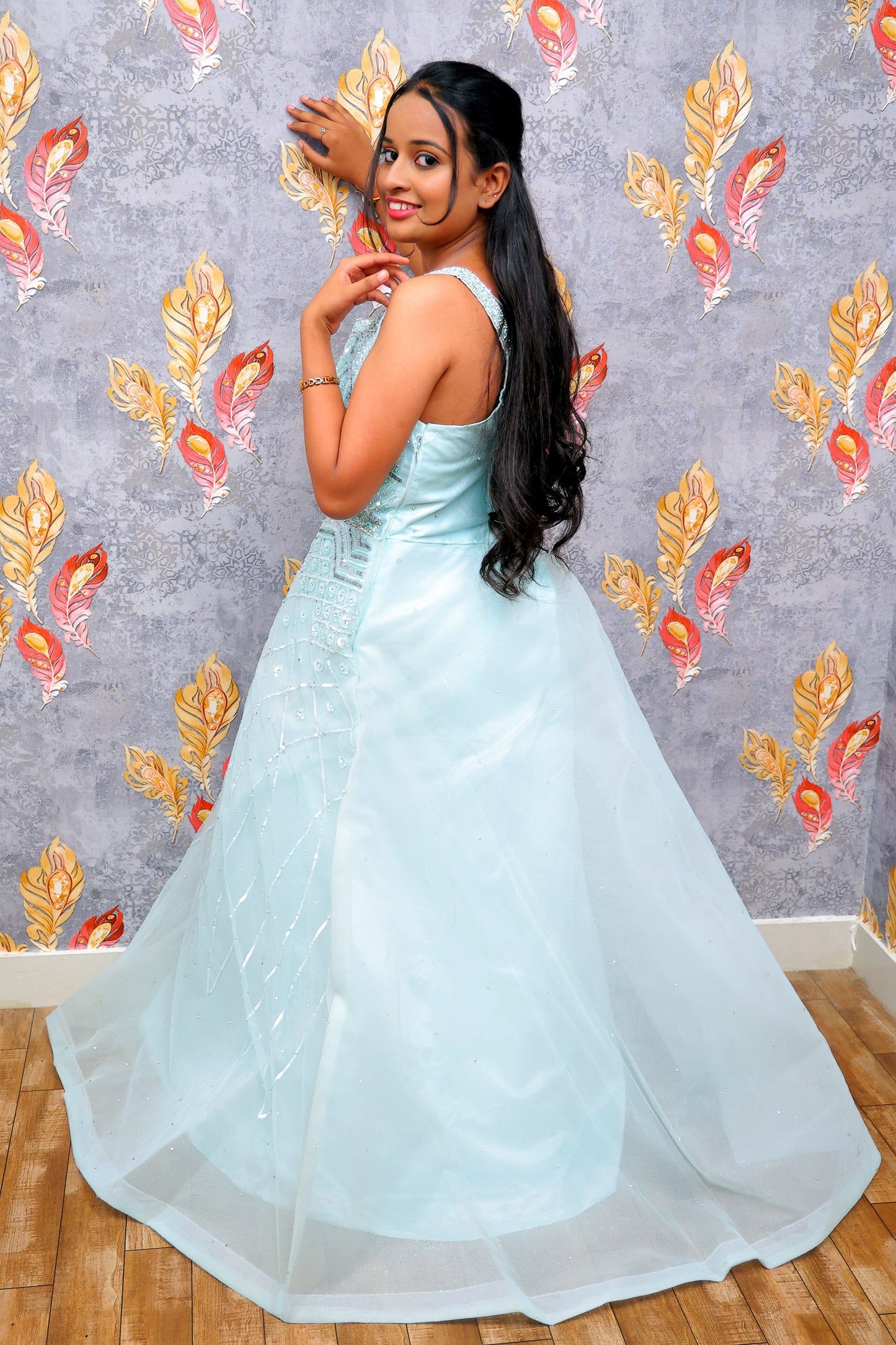 Light Blue Embellished Ball Gown For Women & Girls