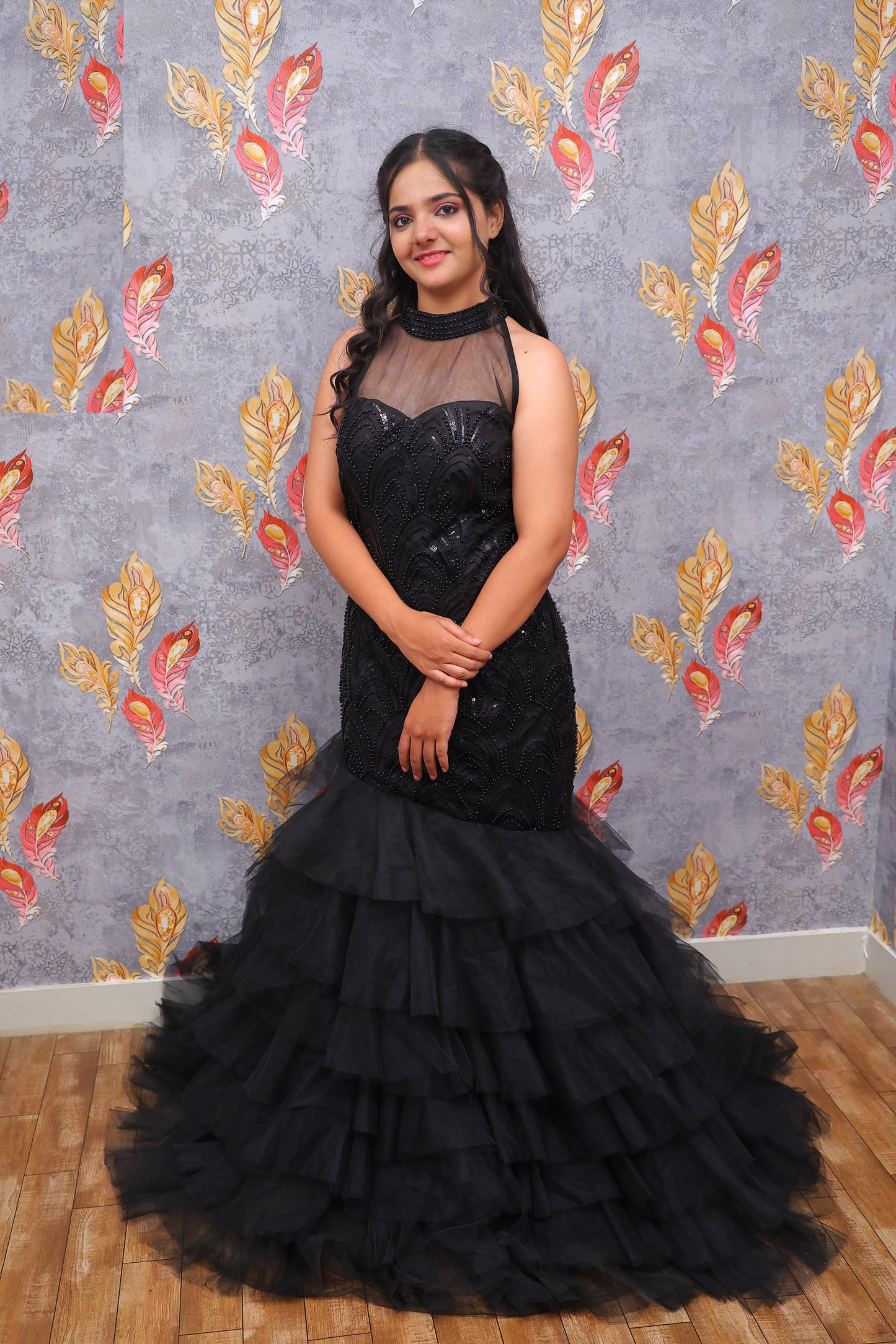 Black Beaded Halter Neck Gown For Women & Girls