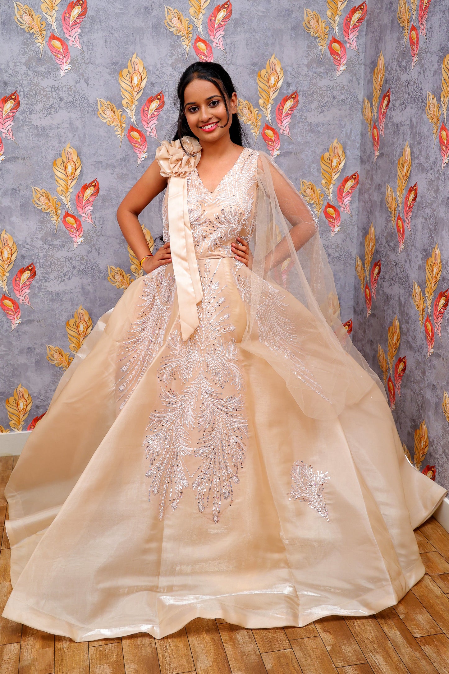 Beige Flowing, Structured Fabric Ball Gown For Women & Girls