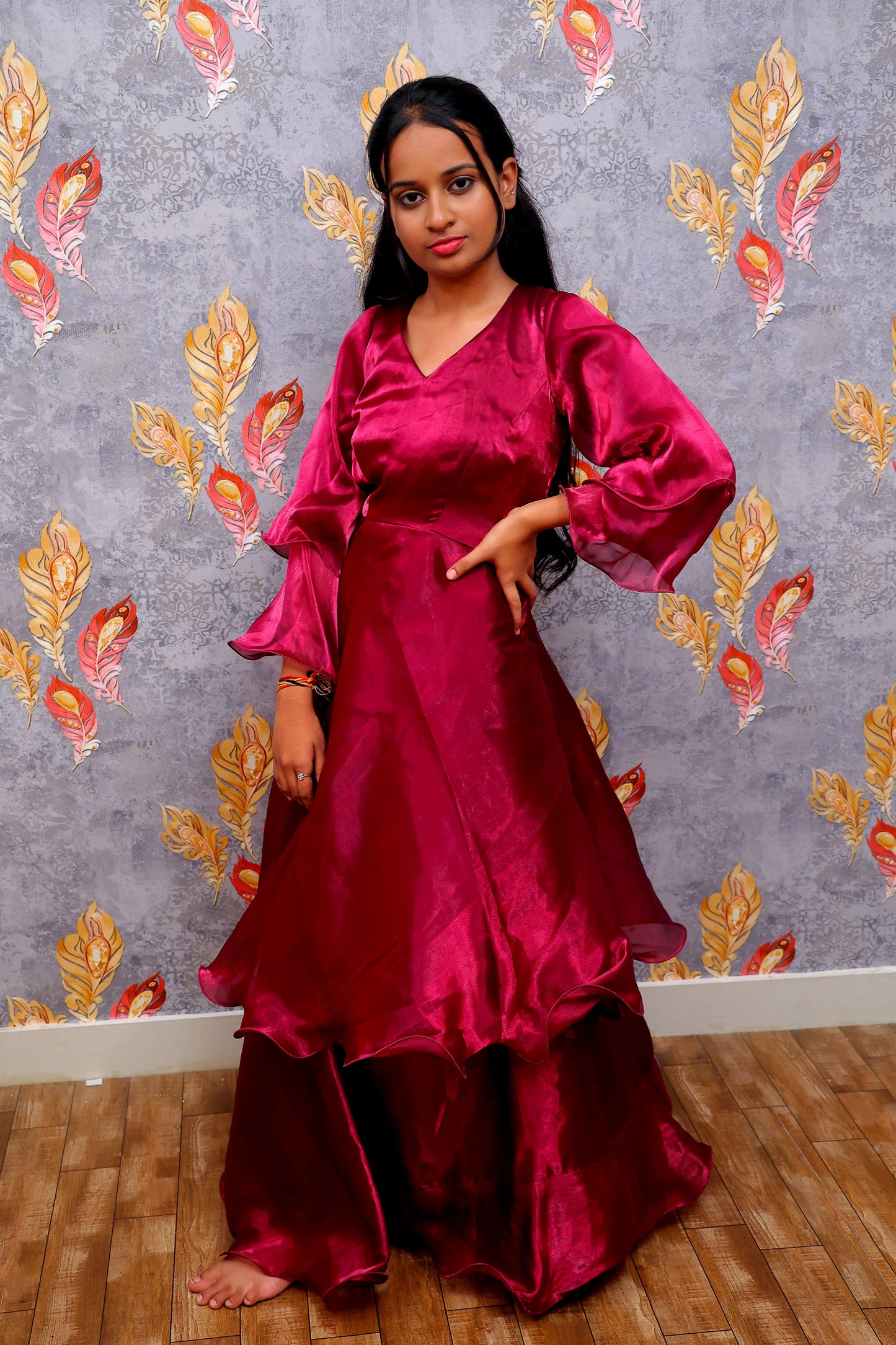 Pink Layered Ensemble With High-Low Hem And Wide-Leg Pants Gown For Women & Girls