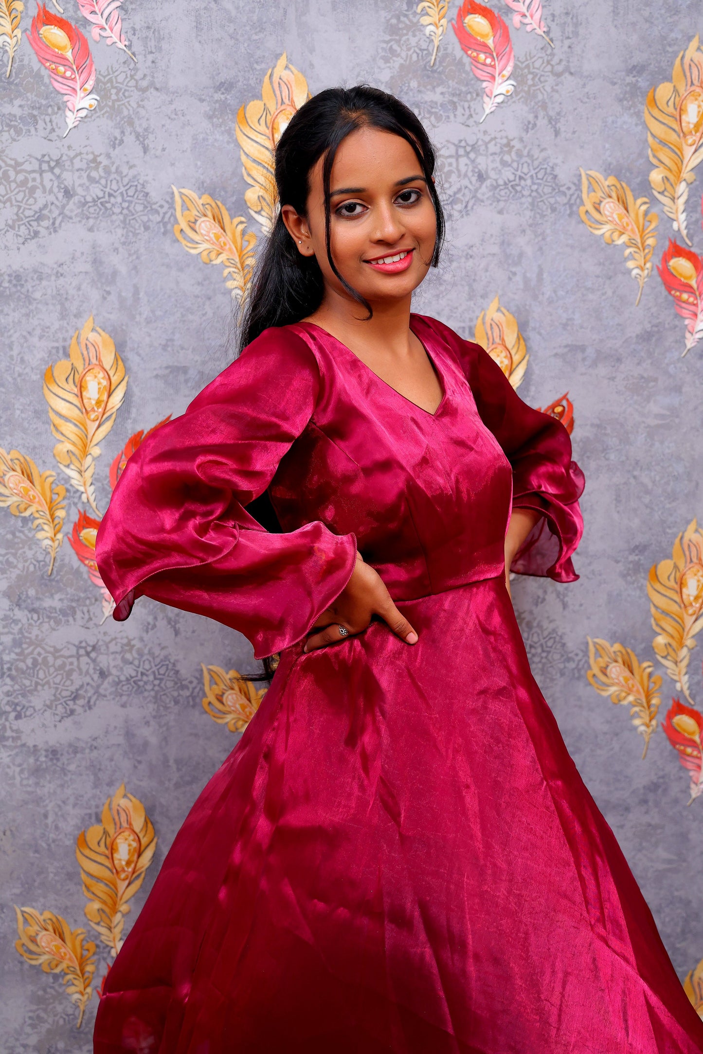 Pink Layered Ensemble With High-Low Hem And Wide-Leg Pants Gown For Women & Girls