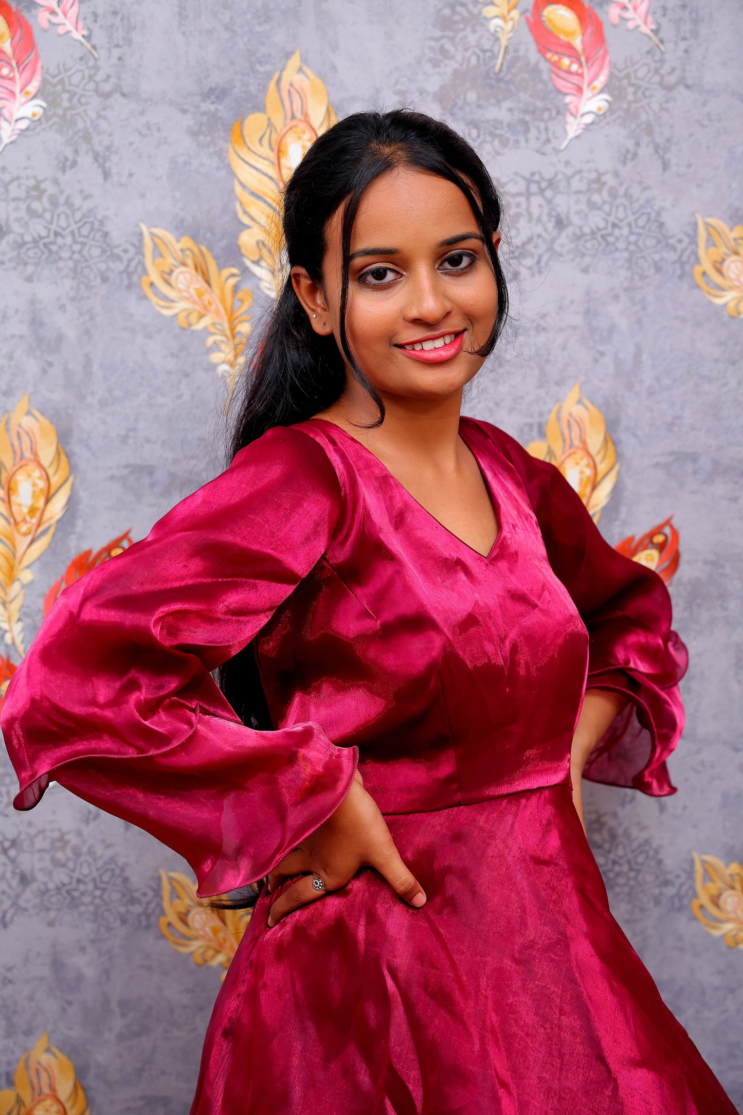 Pink Layered Ensemble With High-Low Hem And Wide-Leg Pants Gown For Women & Girls