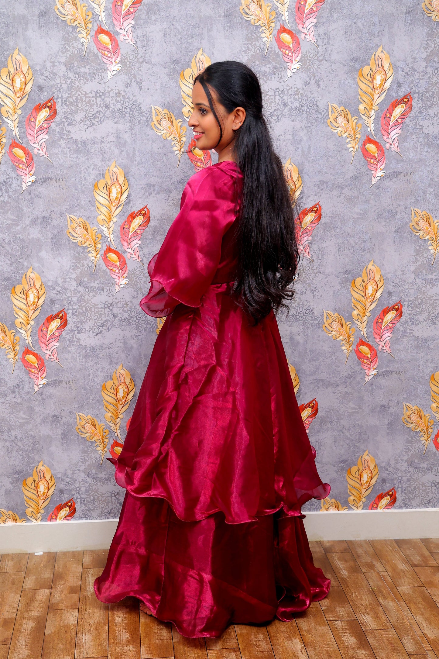 Pink Layered Ensemble With High-Low Hem And Wide-Leg Pants Gown For Women & Girls