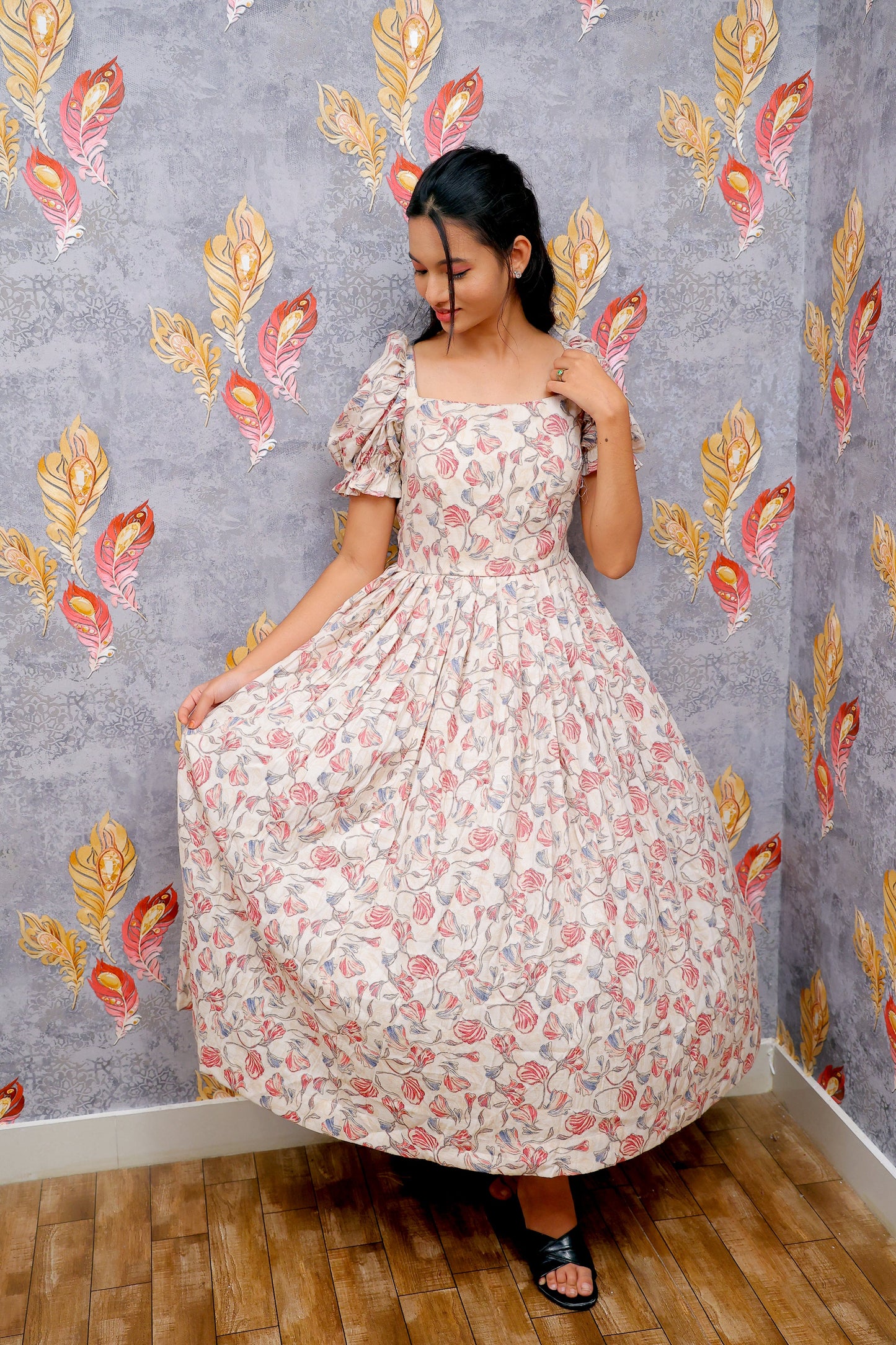 Off-White Floral Design Gown For Women & Girls