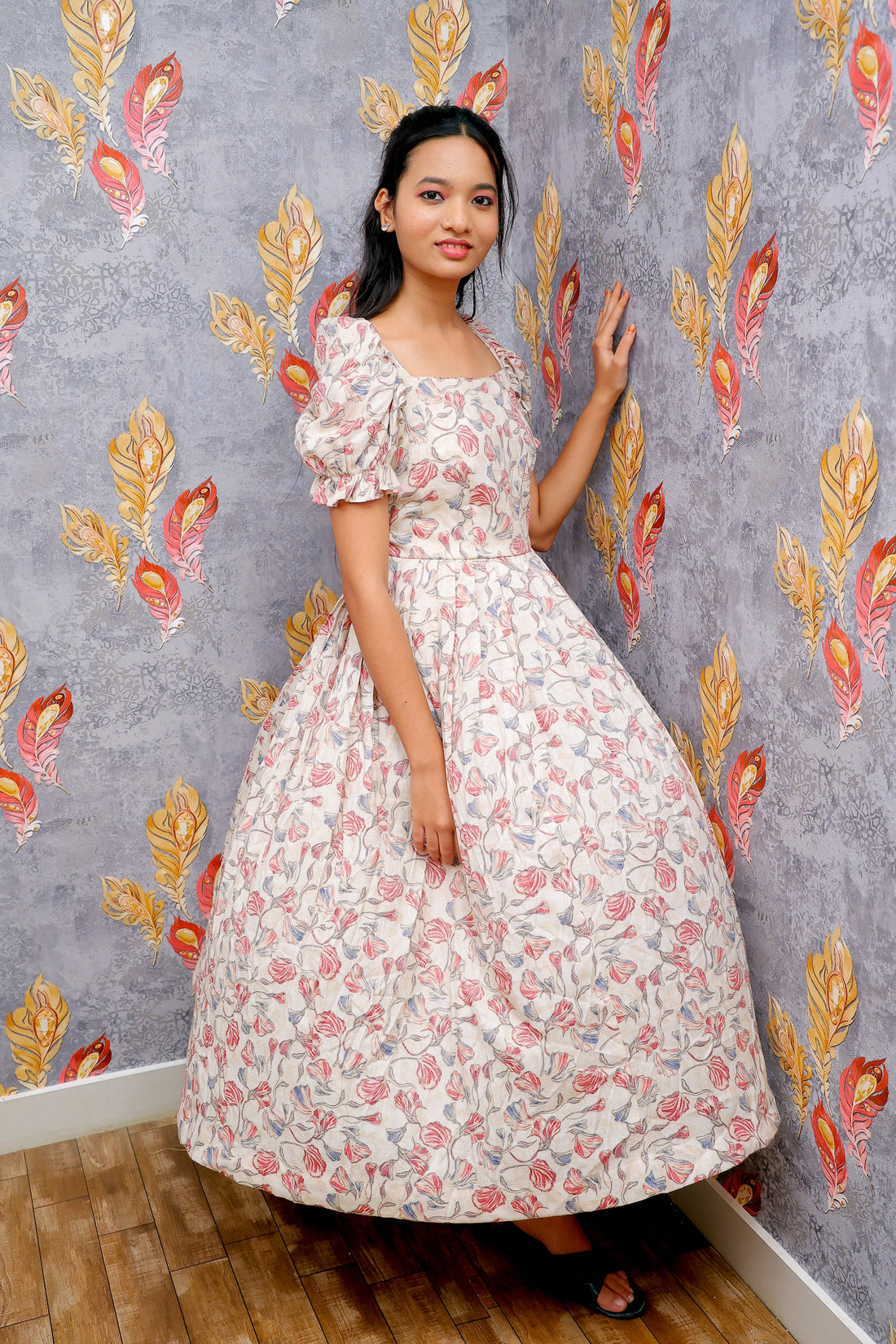 Off-White Floral Design Gown For Women & Girls - Aira Fabrics Designer Studio