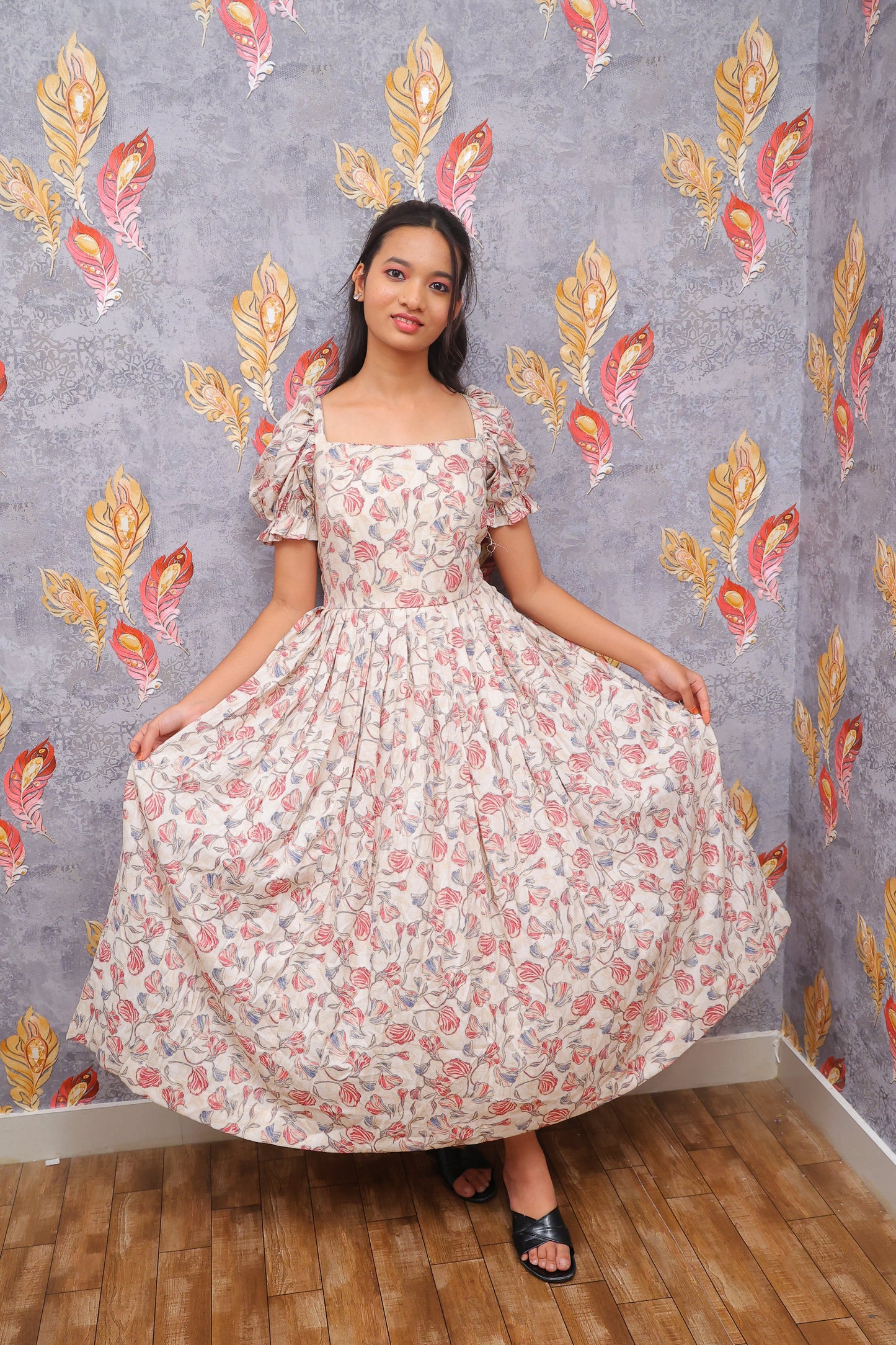 Off-White Floral Design Gown For Women & Girls