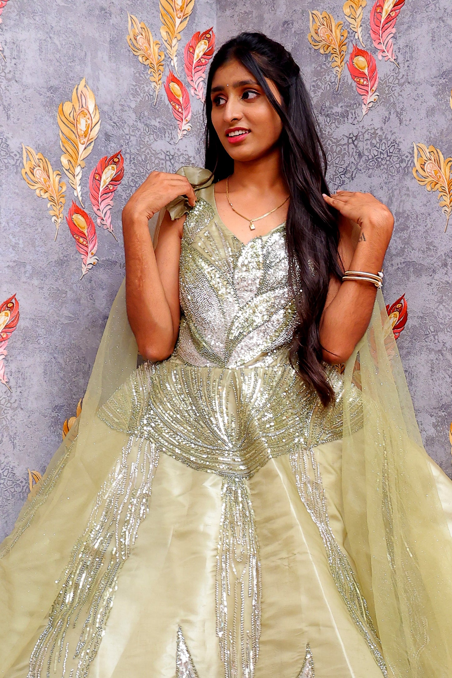 Light Green Gown With Silver Sequin Embellishments For Women & Girls
