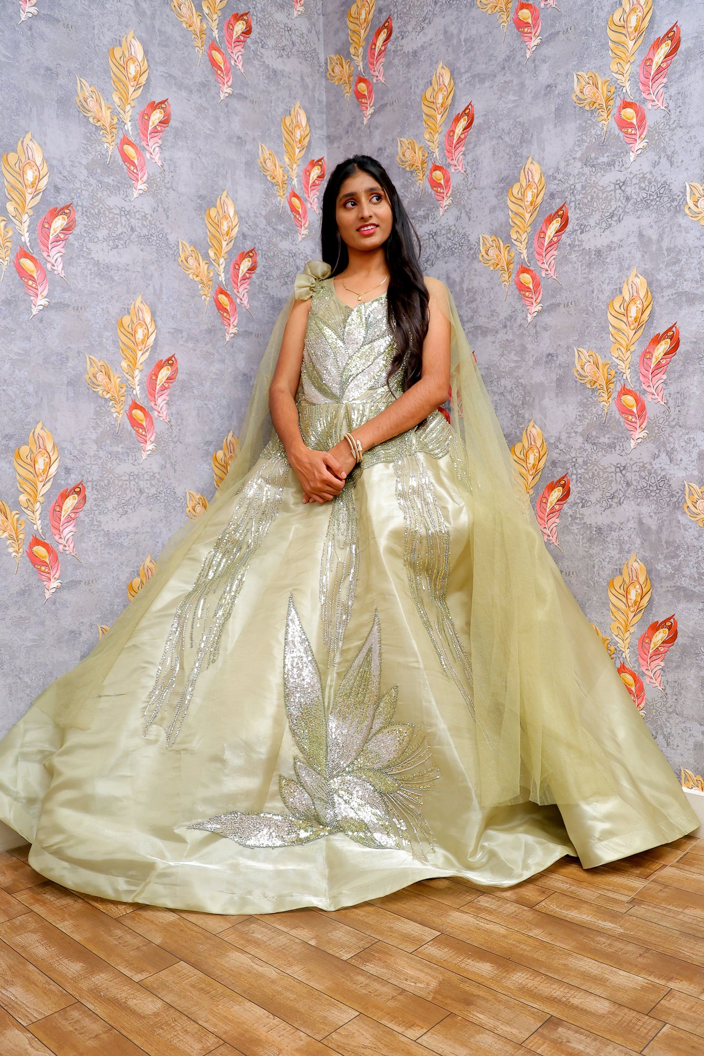 Light Green Gown With Silver Sequin Embellishments For Women & Girls