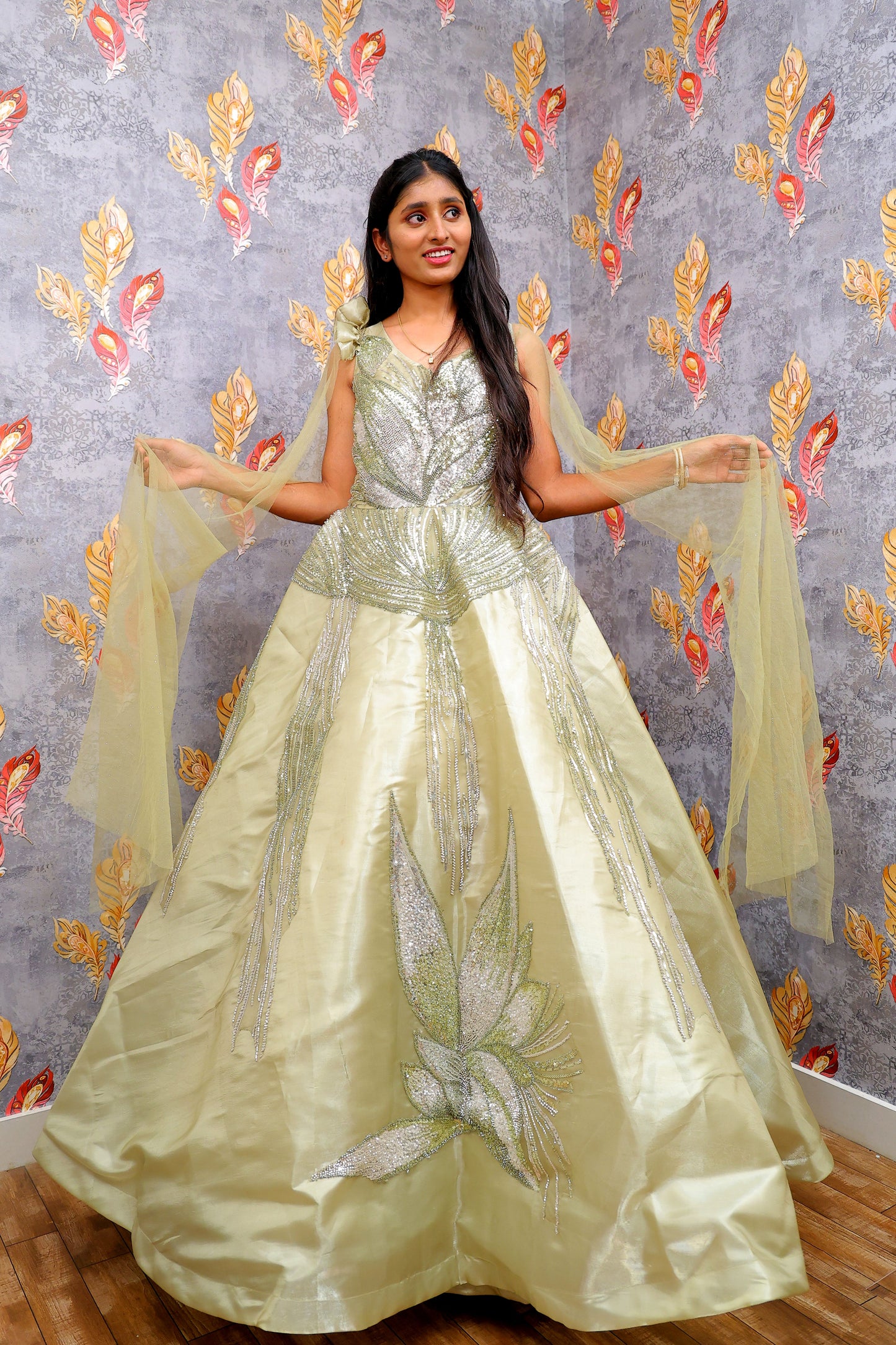 Light Green Gown With Silver Sequin Embellishments For Women & Girls