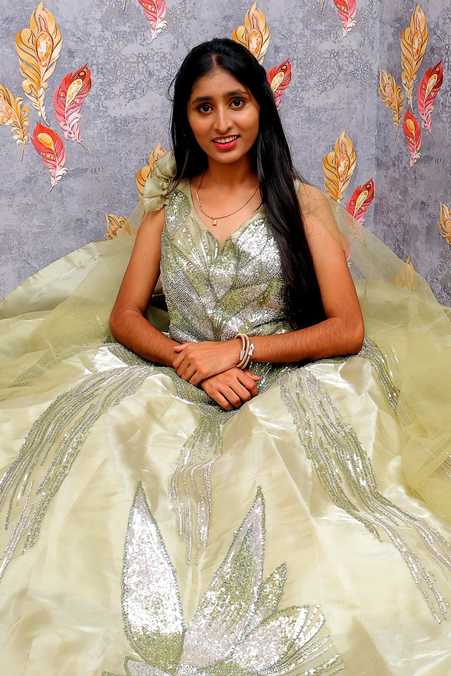 Light Green Gown With Silver Sequin Embellishments For Women & Girls