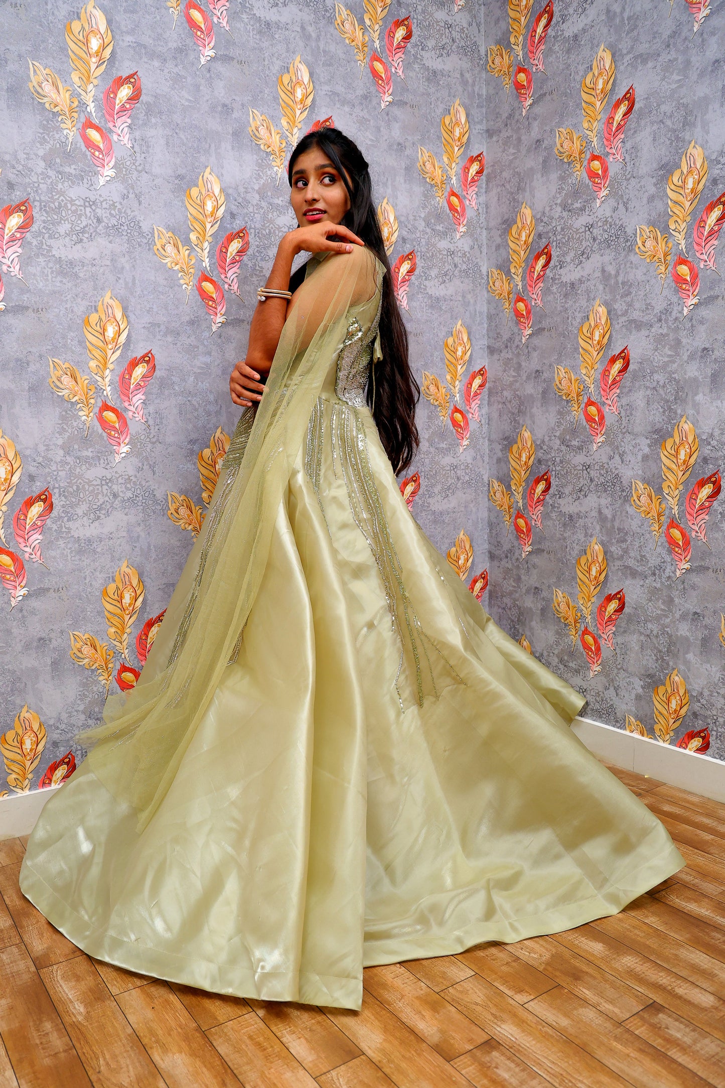 Light Green Gown With Silver Sequin Embellishments For Women & Girls