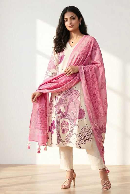 Woman wearing a pink dupatta with floral patterns on a white background