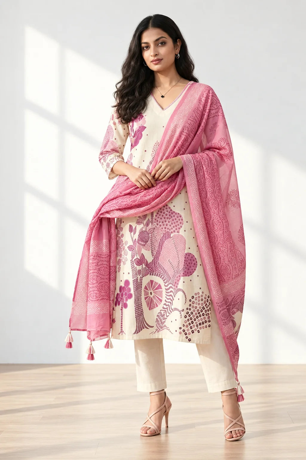 Woman wearing a pink and white floral patterned dupatta over a white outfit.