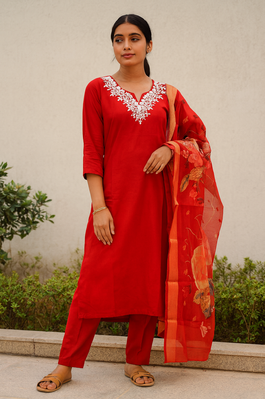 Red Kurti With Digital Printed Dupatta For Women & Girls