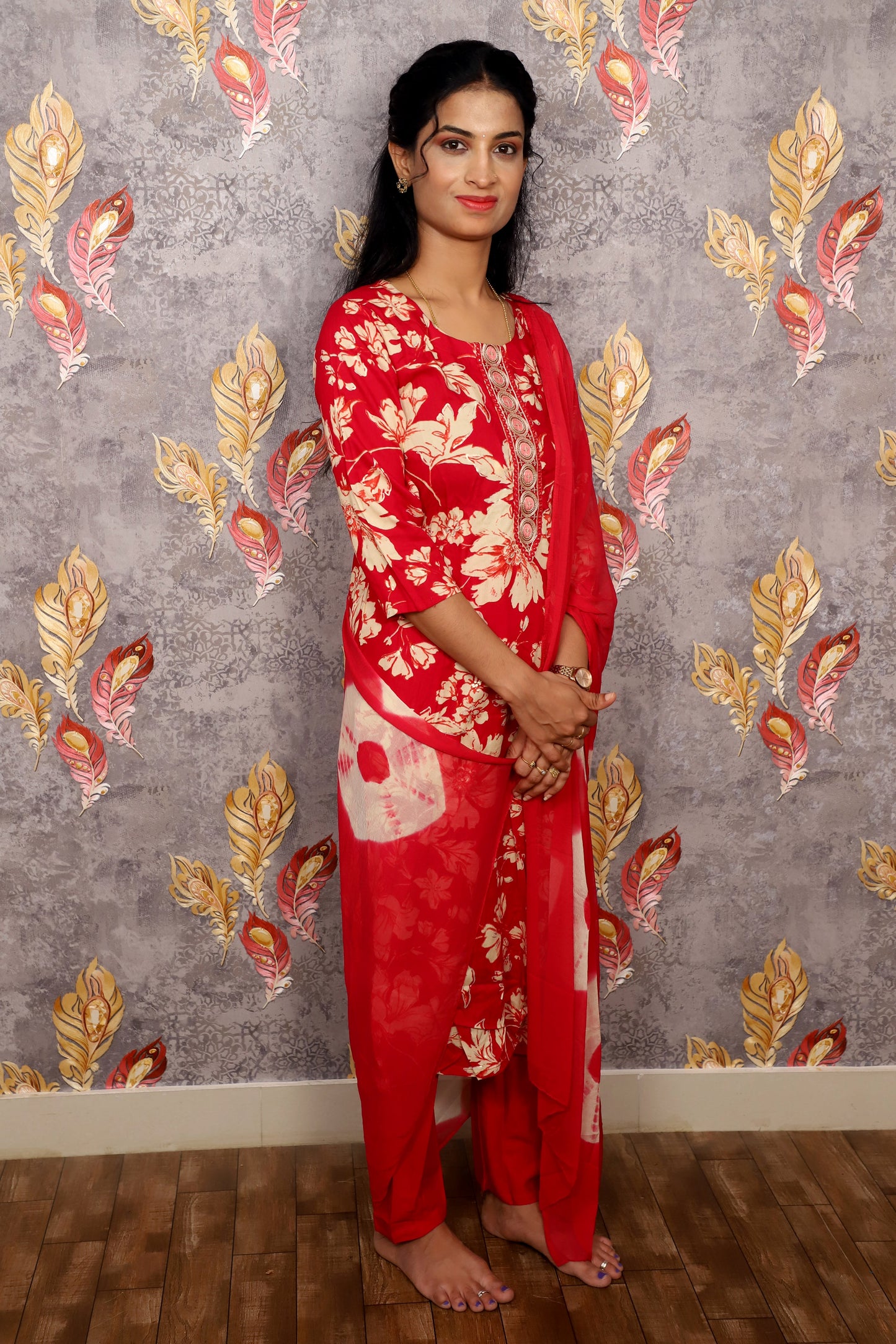 Red & White Floral Print Salwar Kameez With A Solid Dupatta For Women & Girls