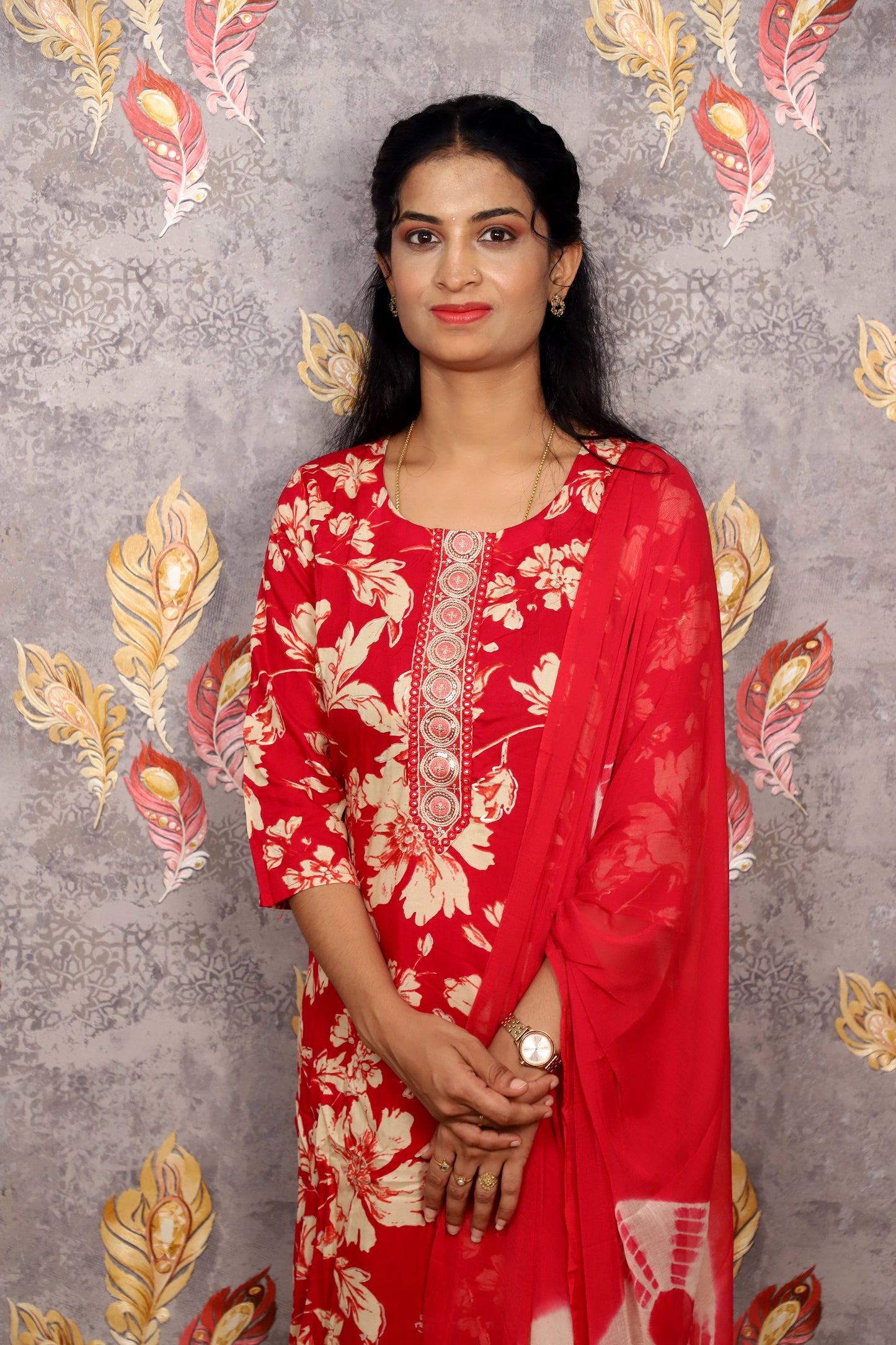 Red & White Floral Print Salwar Kameez With A Solid Dupatta For Women & Girls