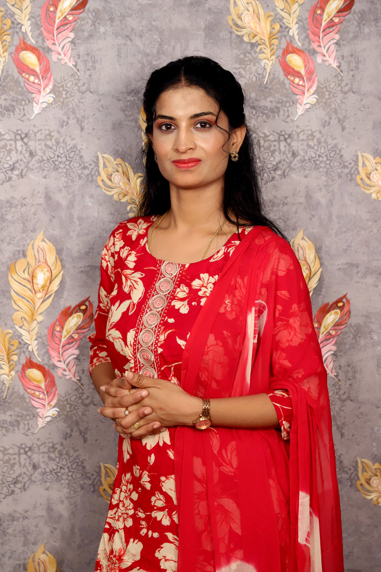 Red & White Floral Print Salwar Kameez With A Solid Dupatta For Women & Girls