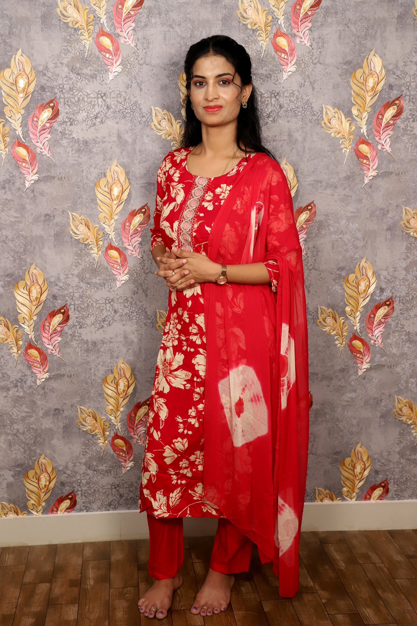 Red & White Floral Print Salwar Kameez With A Solid Dupatta For Women & Girls