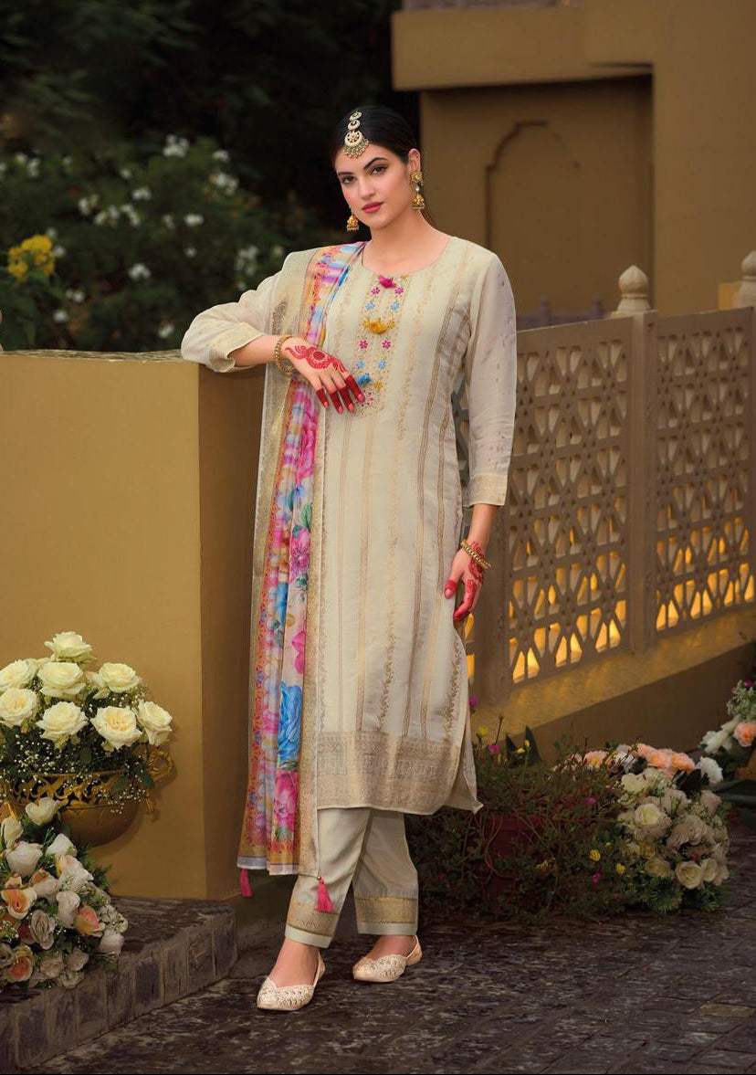 Beige Cotton Kurti And Bottom With Digital Printed Dupatta For Women & Girls