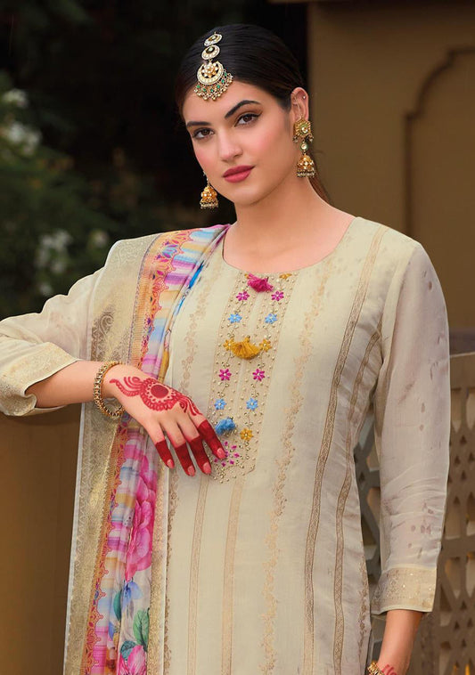 Beige Cotton Kurti And Bottom With Digital Printed Dupatta For Women & Girls