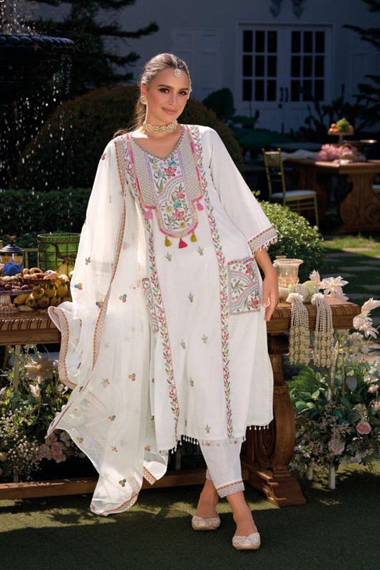 White Embroidery Work Cotton Kurti And Bottom With Cotton Dupatta For Women & Girls