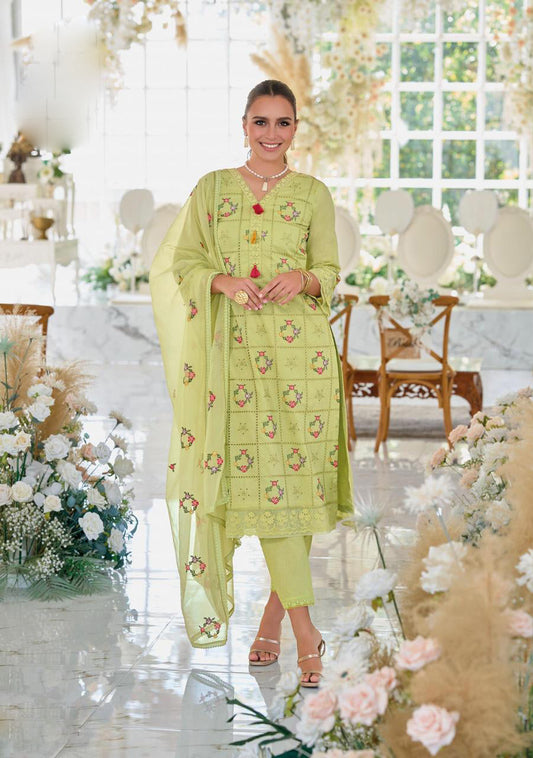Light Green Embroidery Work Cotton Kurti And Bottom With Cotton Dupatta For Women & Girls
