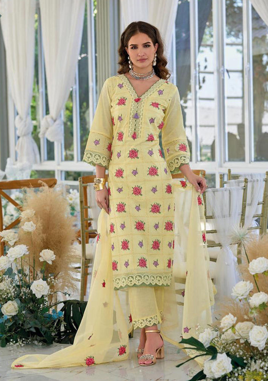 Yellow Embroidery Work Cotton Kurti And Bottom With Cotton Dupatta For Women & Girls