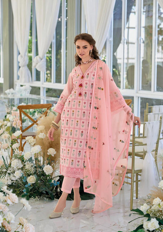 Pink Embroidery Work Cotton Kurti And Bottom With Cotton Dupatta For Women & Girls