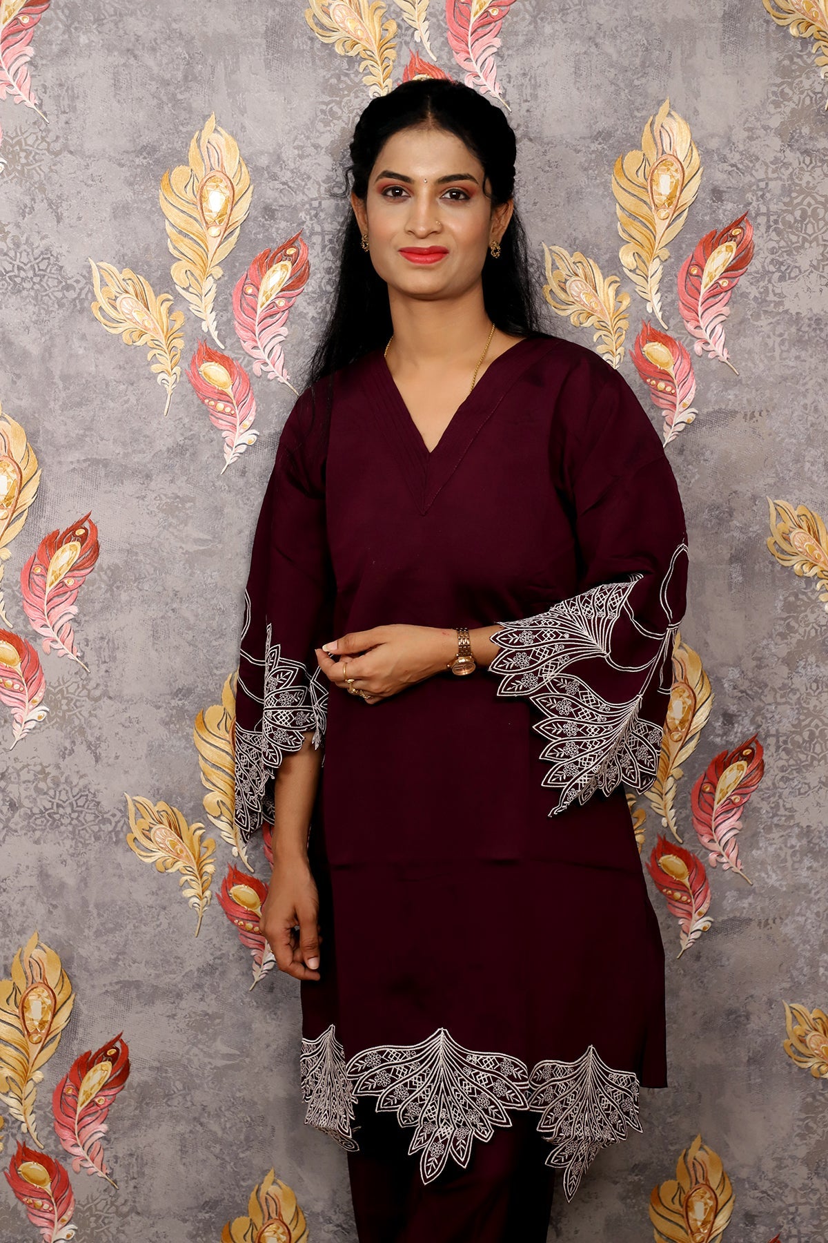 Dark Reddish Purple Kurti With Floral Design For Women & Girls