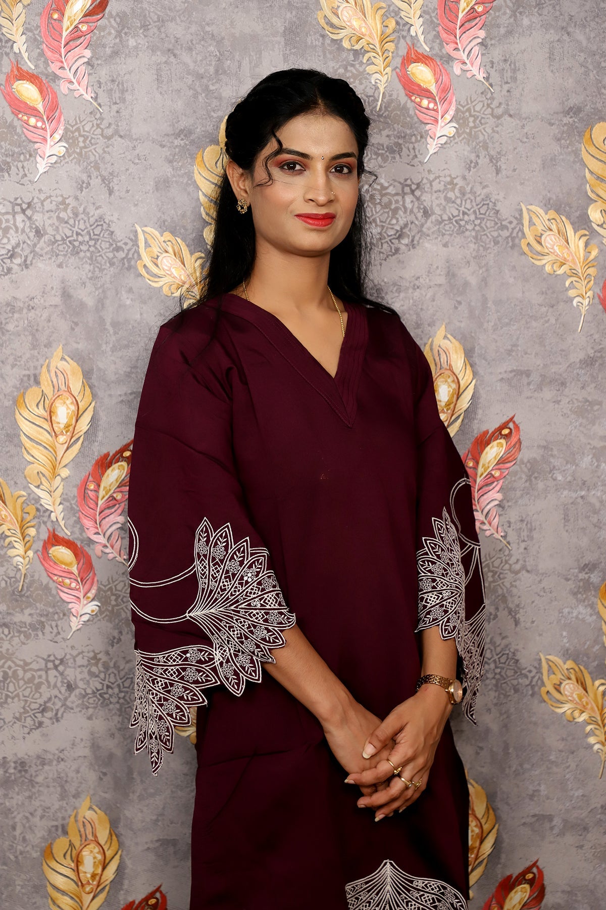 Dark Reddish Purple Kurti With Floral Design For Women & Girls