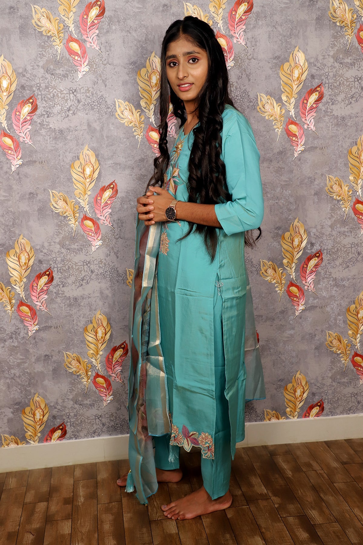 Light Blue Kurti With Embroidery Floral Design For Women & Girls