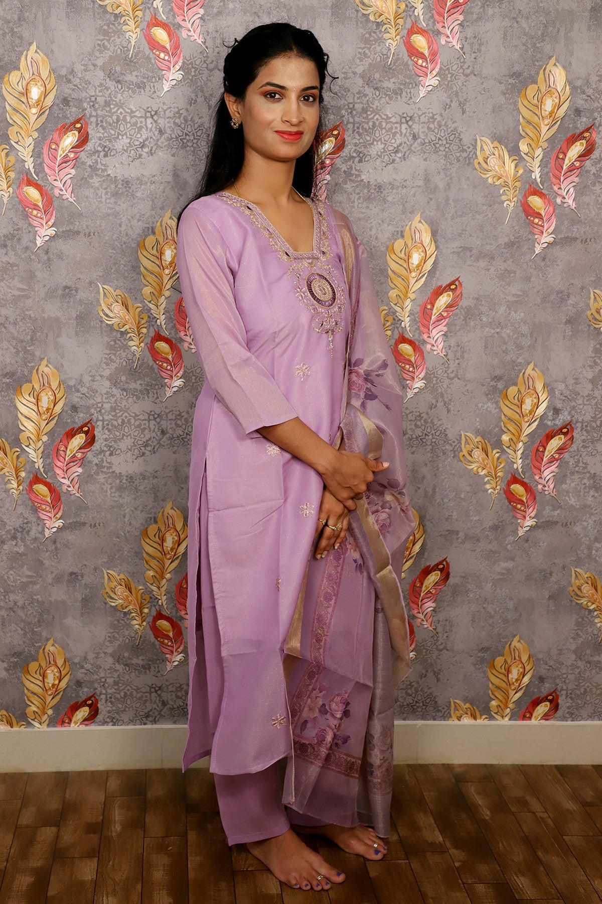 Light Purple Kurti With Floral Design For Women & Girls