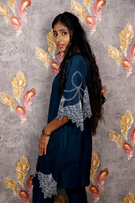 Elegant Teal Kurti With White Embroidered Accents For Women & Girls