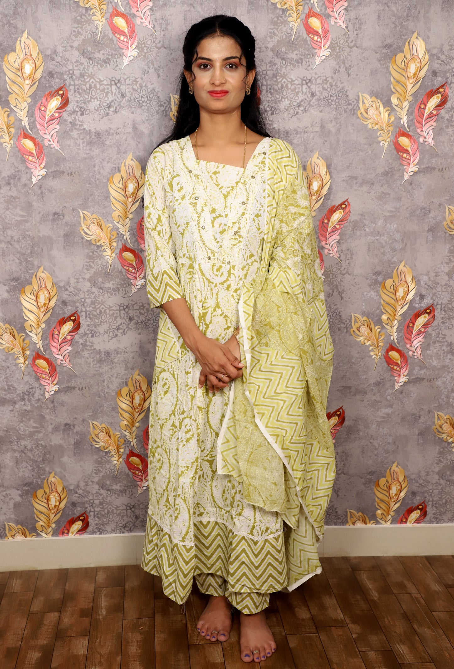 White & Light Green Floral Printed Anarkali Suit With A Matching Dupatta For Women & Girls