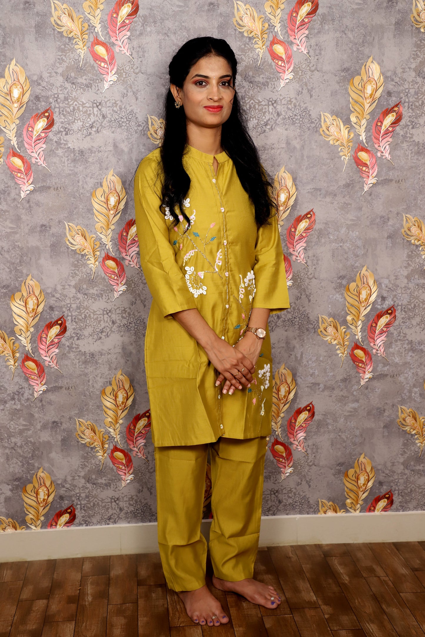 Mustard Yellow Kurti With White Floral Embroidery For Women & Girls