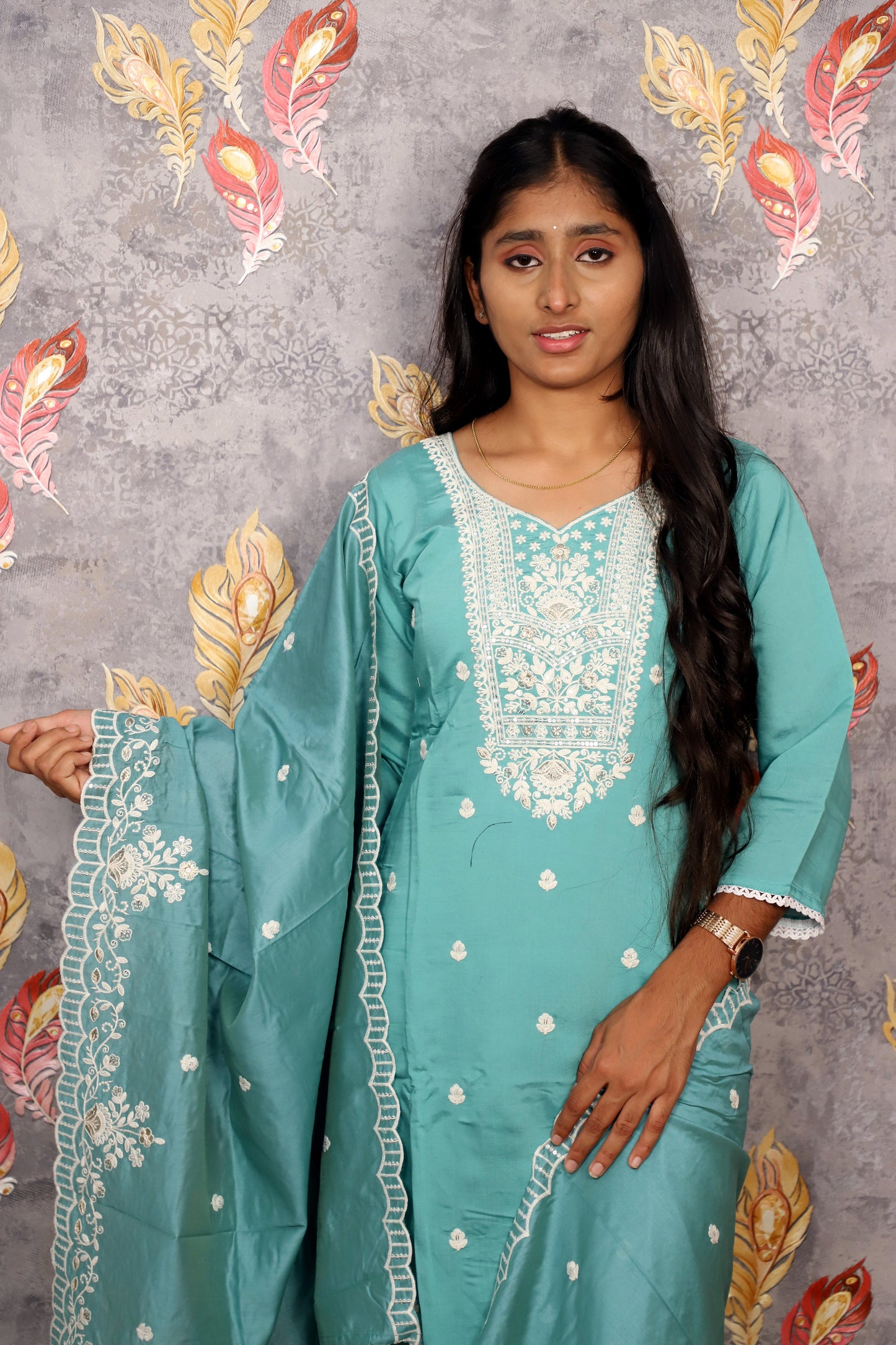 Teal Salwar Kameez With White Embroidery For Women & Girls