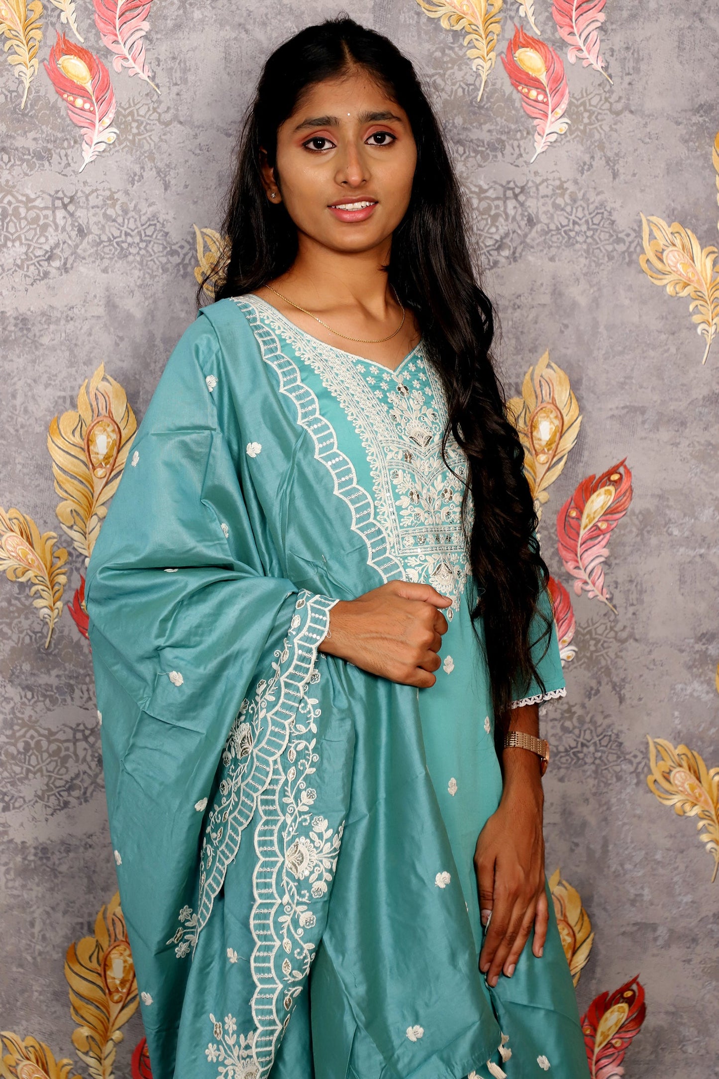 Teal Salwar Kameez With White Embroidery For Women & Girls