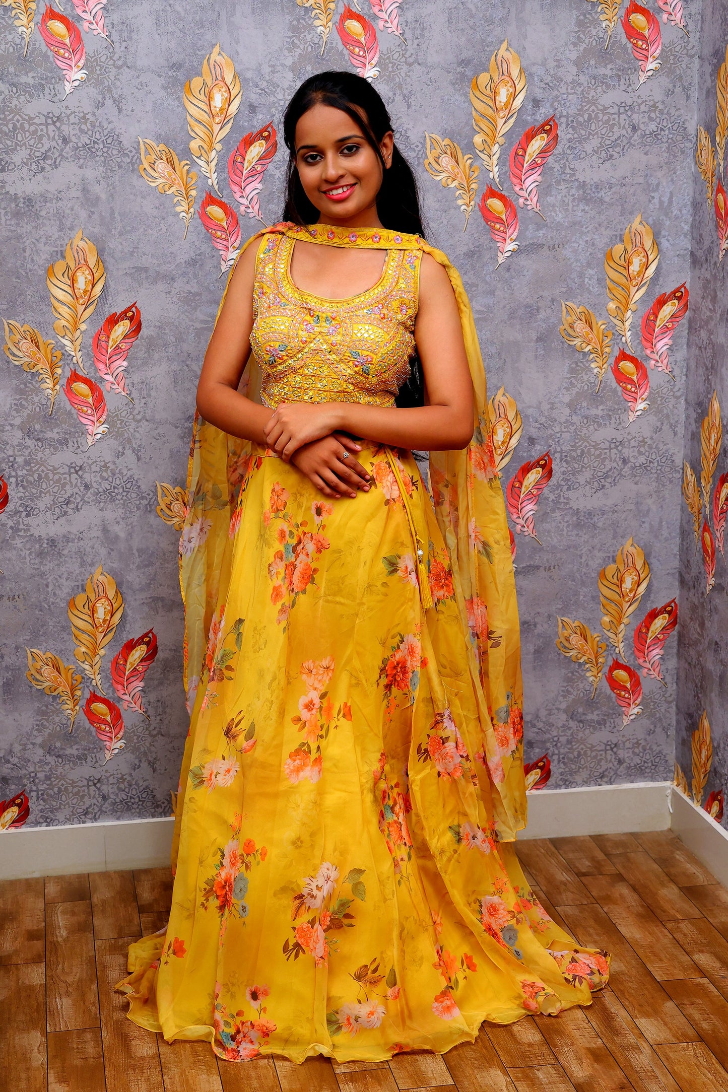 Yellow Lehenga Choli With Floral Print Skirt, Embroidered Blouse, And Dupatta For Women & Girls
