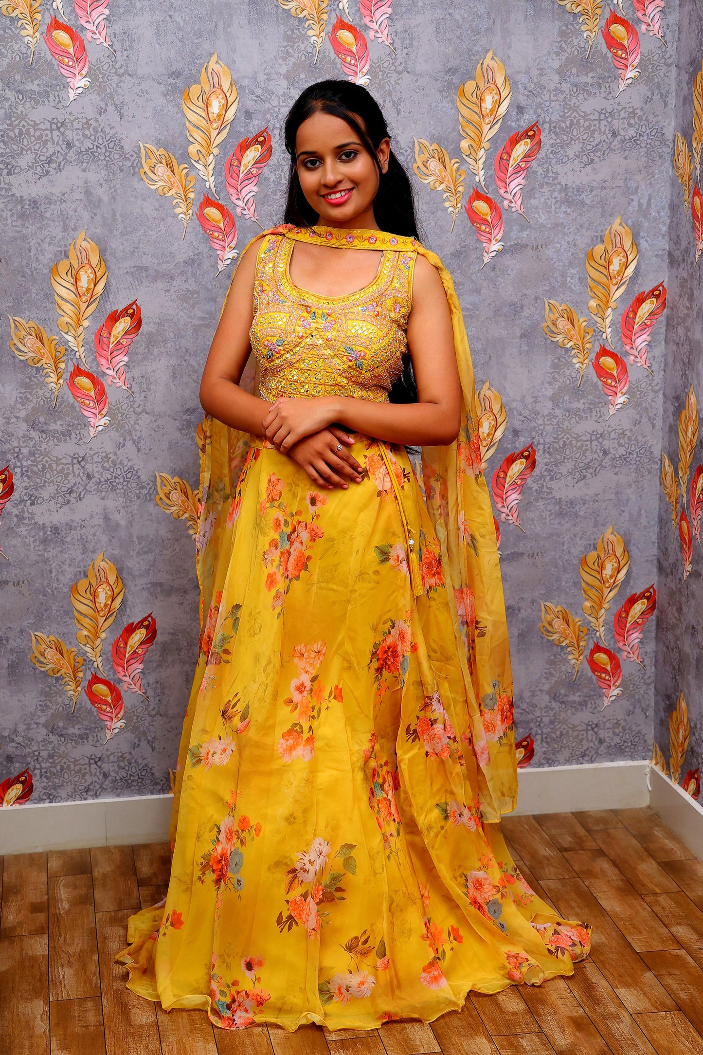 Yellow Lehenga Choli With Floral Print Skirt, Embroidered Blouse, And Dupatta For Women & Girls