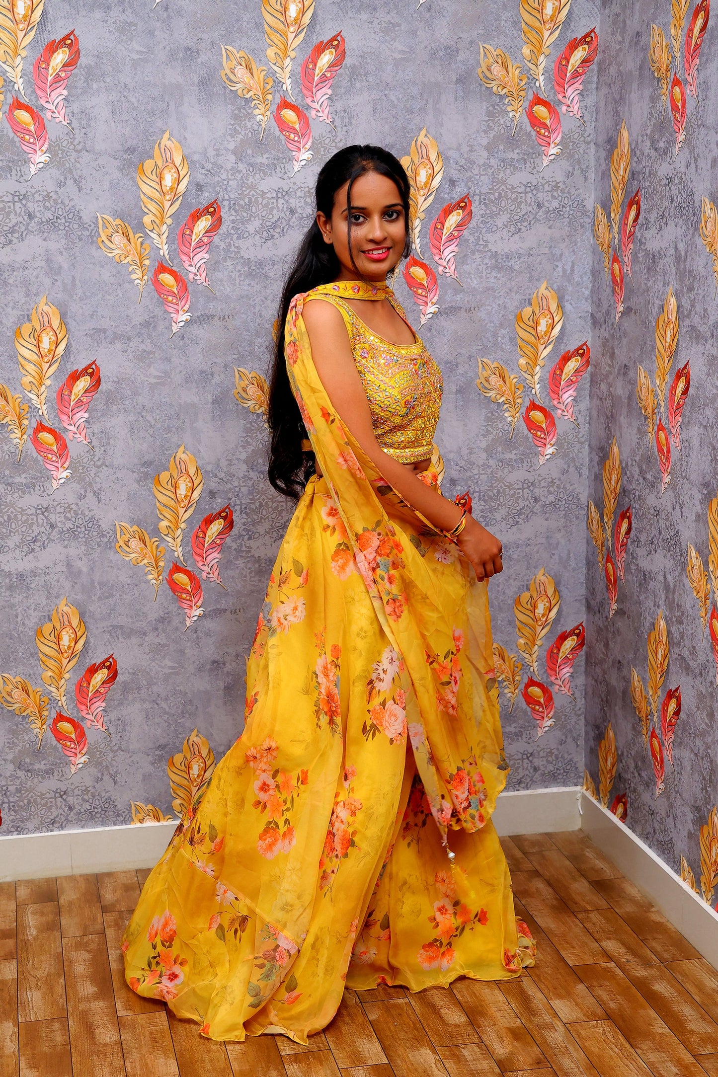 Yellow Lehenga Choli With Floral Print Skirt, Embroidered Blouse, And Dupatta For Women & Girls