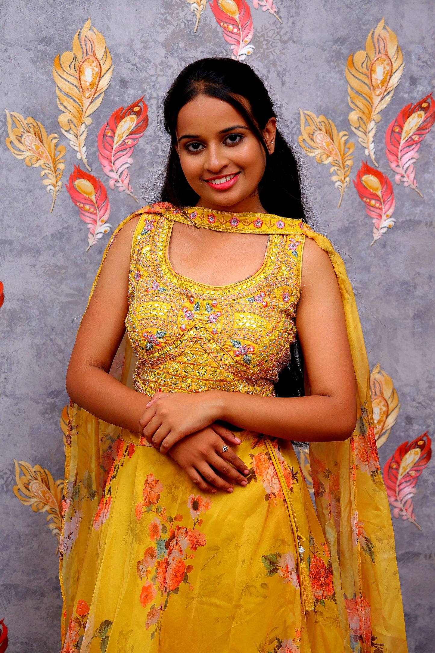 Yellow Lehenga Choli With Floral Print Skirt, Embroidered Blouse, And Dupatta For Women & Girls