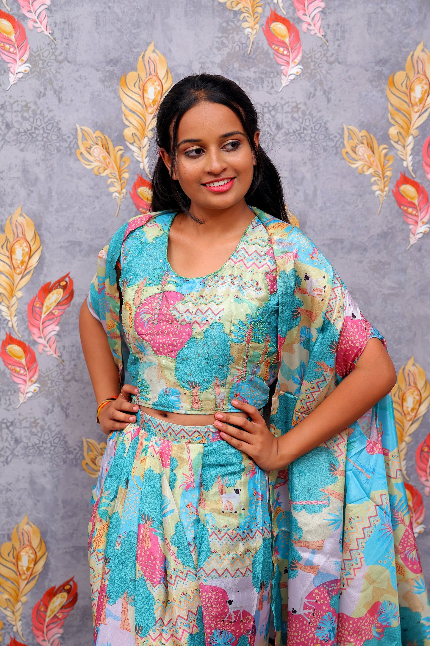 Multicolor Artistic Ensemble With Nature-Inspired Patterns Lehenga For Women & Girls