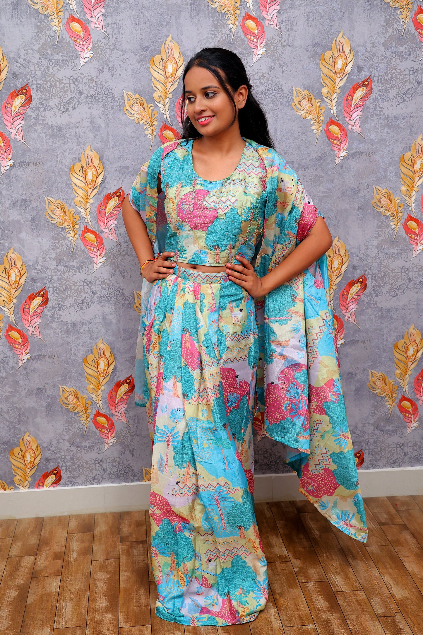 Multicolor Artistic Ensemble With Nature-Inspired Patterns Lehenga For Women & Girls